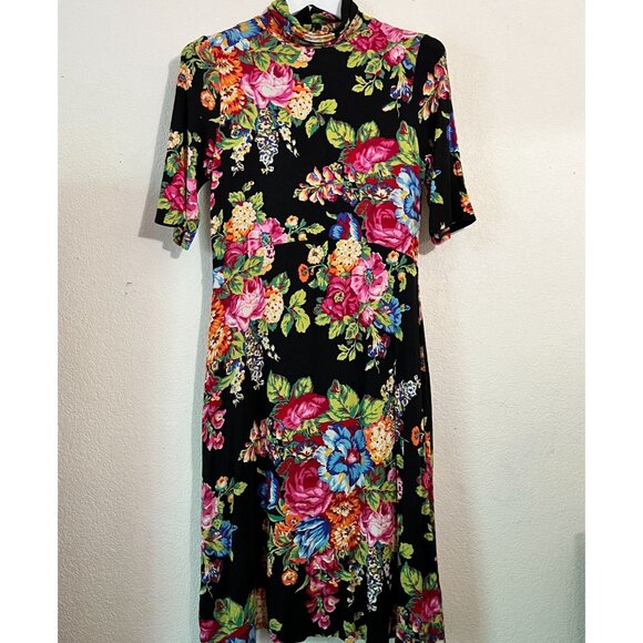 Anthropologie ett:twa Coreyell Floral Turtleneck Dress Medium Black Stretch - Picture 1 of 11